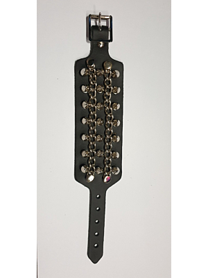 HANDMADE  3 ROW SPIKE AND CHAIN LEATHER WRISTBAND - BLACK