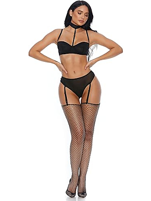 Right Sheer Right Now Bra and Panty with Garter Straps - Black
