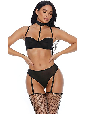 Right Sheer Right Now Bra and Panty with Garter Straps - Black