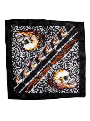 Flaming Skull & Barbed Wire Cotton Bandana 53cm x 53cm