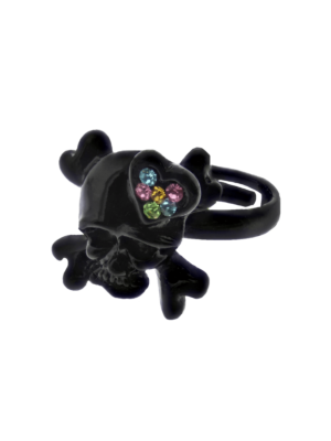 Adjustable Black Skull & Crossbone Ring with Multicoloured Gem Filled Heart