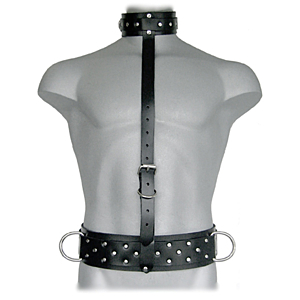 Fetish Harness with Collar and Vertical Strap - Vegan Leather