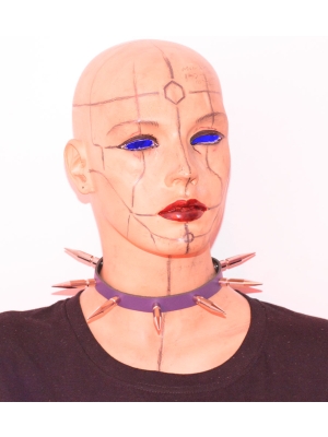 Leather Choker Collar with 1 Row Spikes - Purple - Fetish - BDSM