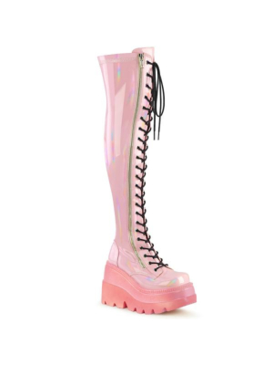 Demonia Cult vegan wedge platform over the knee boots baby pink holo stretch patent