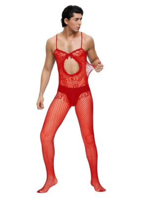 Sexy Red Crocheted Fishnet Bodystockings For Men