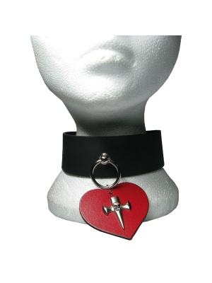 HANDMADE-CHOKER CROSS ON LEATHER HEART ATTACHED WITH METAL RING 