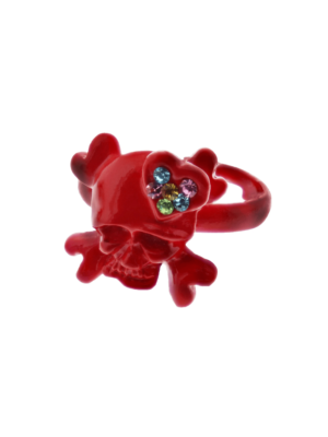 Adjustable Red Skull & Crossbone Ring with Multicoloured Gem Filled Heart