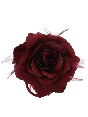 Rose with Glitter & Feather on Concord Clip, Elastic & Brooch Pin